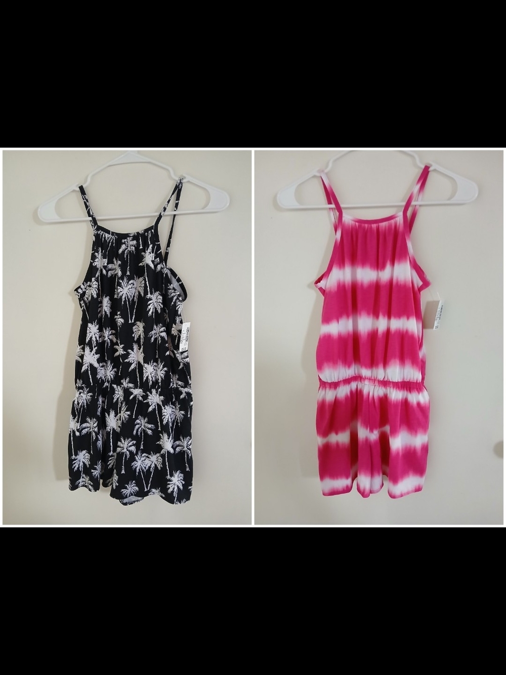 Girls' Sleeveless Rompers - Black Palm Print & Pink Tie-Dye